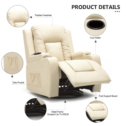 Fauteuil inclinable ComHoma, divan berçant en cuir pu avec massage chauffant, blanc crème