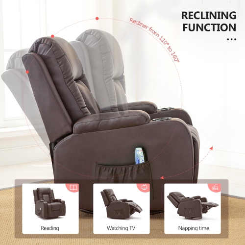 Fauteuil inclinable ComHoma avec divan berçant en cuir de polyuréthane et massage chauffant, brun