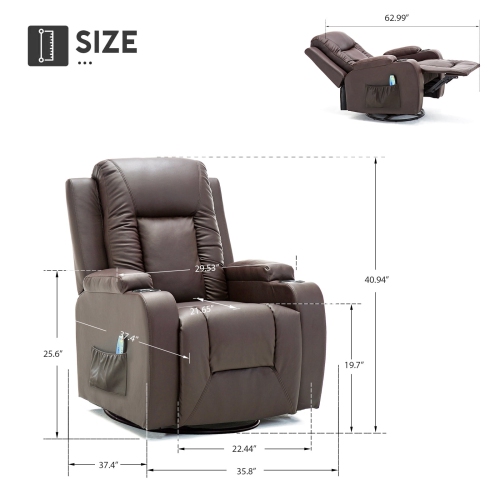 Fauteuil inclinable ComHoma avec divan berçant en cuir de polyuréthane et massage chauffant, brun
