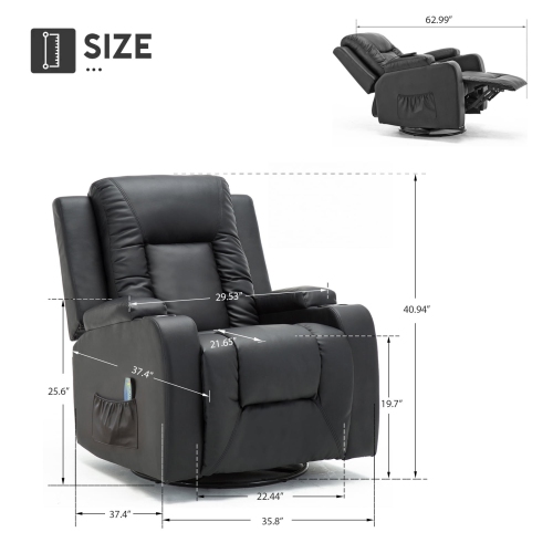 ComHoma Recliner Chair PU Leather Rocking Sofa with Heated Massage, Black