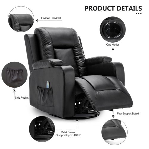 ComHoma Recliner Chair PU Leather Rocking Sofa with Heated Massage, Black
