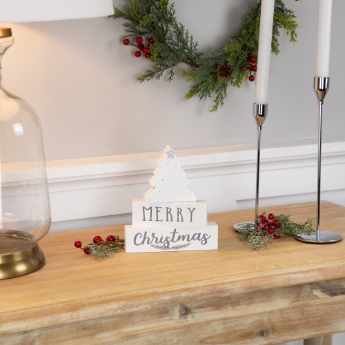 Star Topped Tree "Merry Christmas" Wooden Block Decoration - 6.75"