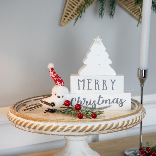 Star Topped Tree "Merry Christmas" Wooden Block Decoration - 6.75"