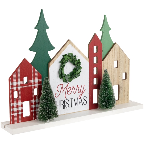 Wooden "Merry Christmas" Houses with Trees Decoration - 15" - Red and Green