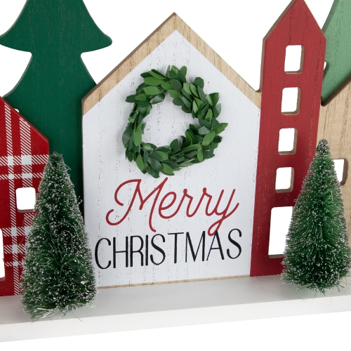 Wooden "Merry Christmas" Houses with Trees Decoration - 15" - Red and Green