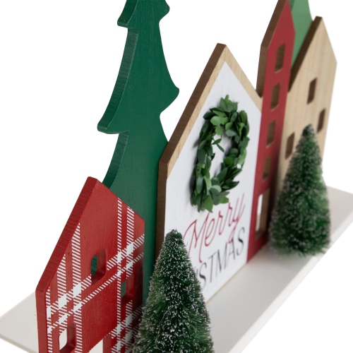 Wooden "Merry Christmas" Houses with Trees Decoration - 15" - Red and Green
