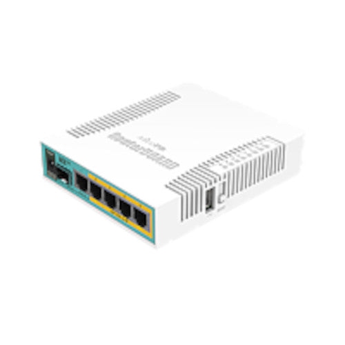 Ethernet Gigabit Hex PoE 5x avec sortie PoE pour quatre ports, SFP, USB, processeur 800&nbsp;MHz, mémoire vive 128&nbsp;Mo, RouterOS L4