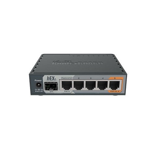 Hex S5x Gigabit Ethernet, SFP, processeur bicoeur 880&nbsp;MHz, 256&nbsp;Mo RAM, USB, microSD, RouterOS L4, prise en charge du chiffrement matériel I