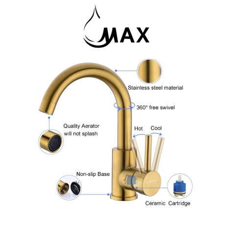 MAX Faucets Bathroom Faucet Side Handle Swivel Spout Brushed Gold Finish