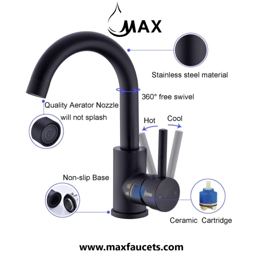 MAX Faucets Bathroom Faucet Side Handle Swivel Matte Black Finish