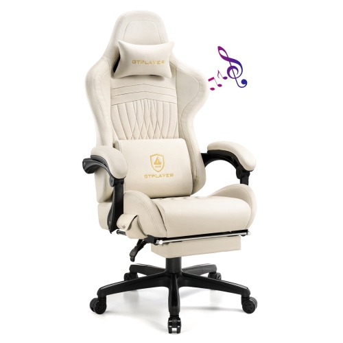 GTPLAYER PRO Gaming Chair with Footrest, Dual Bluetooth 5.1 Speakers PVC leather Recliner, Ivory