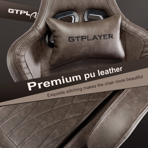 GTPLAYER PRO Gaming Chair with Footrest, Dual Bluetooth 5.1 Speakers PVC leather Recliner, Light Brown