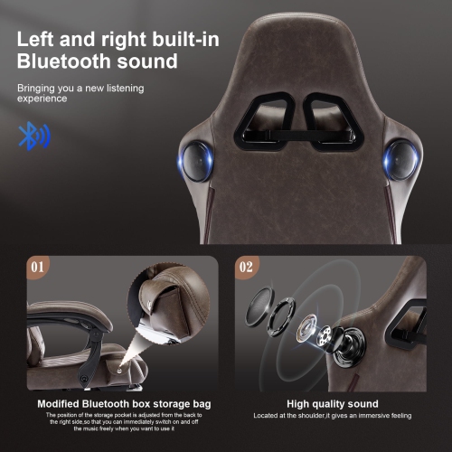 GTPLAYER PRO Gaming Chair with Footrest, Dual Bluetooth 5.1 Speakers PVC leather Recliner, Light Brown