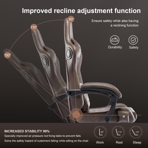 GTPLAYER PRO Gaming Chair with Footrest, Dual Bluetooth 5.1 Speakers PVC leather Recliner, Light Brown