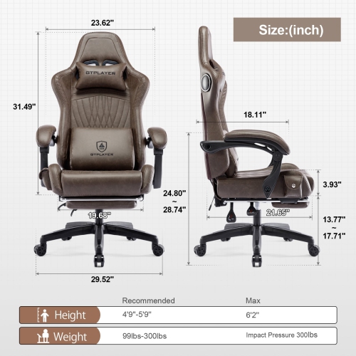 GTPLAYER PRO Gaming Chair with Footrest, Dual Bluetooth 5.1 Speakers PVC leather Recliner, Light Brown
