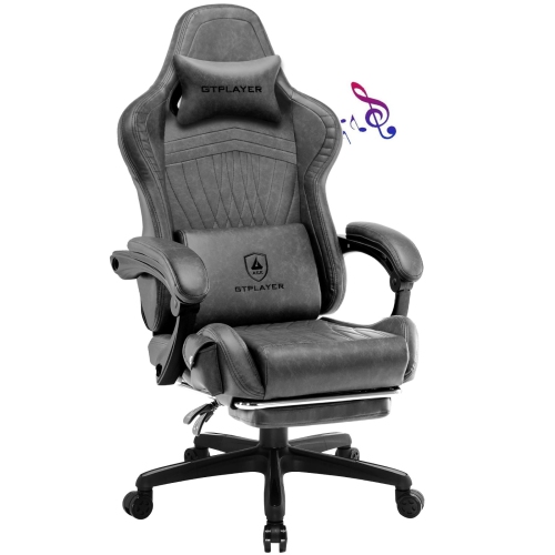 GTPLAYER PRO Gaming Chair with Footrest, Dual Bluetooth 5.1 Speakers PVC leather Recliner, Gray