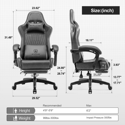 GTPLAYER PRO Gaming Chair with Footrest, Dual Bluetooth 5.1 Speakers PVC leather Recliner, Gray