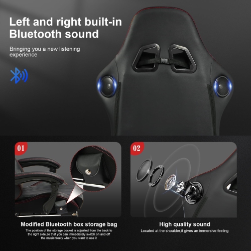 Fauteuil de jeu GTPLAYER PRO avec repose-pieds, deux haut-parleurs Bluetooth 5,1 inclinables en cuir PVC, rouge