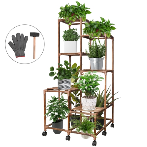 YARDLAB  6 Tier Plant Stand With Wheels for Living Room Balcony And Garden, Wood Outdoor Plant Shelf Flower Stands for Indoor Plants