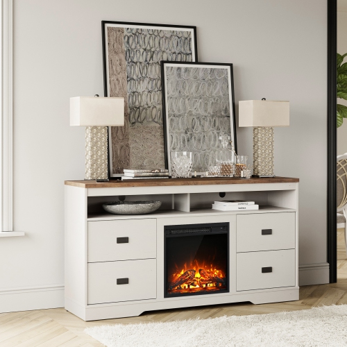 WAMPAT Fireplace Dual Use TV Stand for TVs Up to 65 Inch, Entertainment Center with Drawers and Adjustable Shelf for Living Room,Antique White