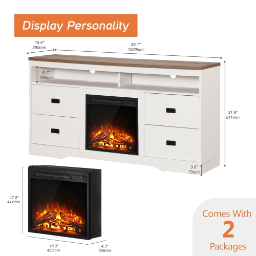 WAMPAT Fireplace Dual Use TV Stand for TVs Up to 65 Inch, Entertainment Center with Drawers and Adjustable Shelf for Living Room,Antique White