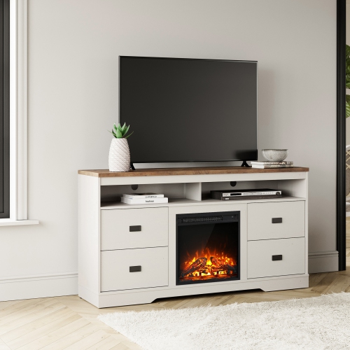 WAMPAT Fireplace Dual Use TV Stand for TVs Up to 65 Inch, Entertainment Center with Drawers and Adjustable Shelf for Living Room,Antique White