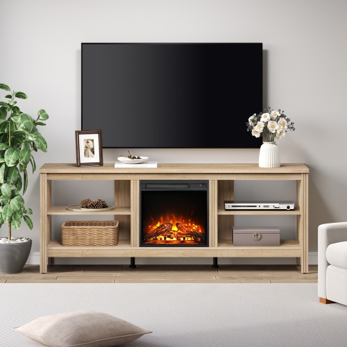 WAMPAT  Fireplace Tv Stand for 75 Inch Tv Entertainment Center, Electric Fire Place Wood Tv Console Table Cabinet \w 4 Storages for Living Room