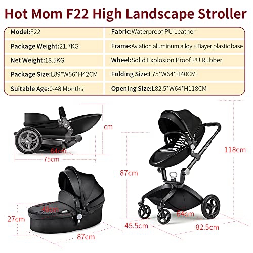 Poussette Hot Mom F22 : Siège à hauteur réglable et chariot inclinable pour bébé avec absorption des chocs aux quatre roues, bidirectionnel, vue en