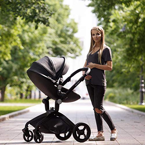 Poussette Hot Mom F22 : Siège à hauteur réglable et chariot inclinable pour bébé avec absorption des chocs aux quatre roues, bidirectionnel, vue en