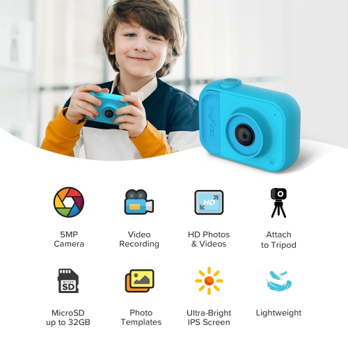 Appareil photo myFirst 10 - nouvel appareil photo numérique miniature pour enfants, photo, vidéo, 5 Mpx, carte microSD 32 Go - Bleu