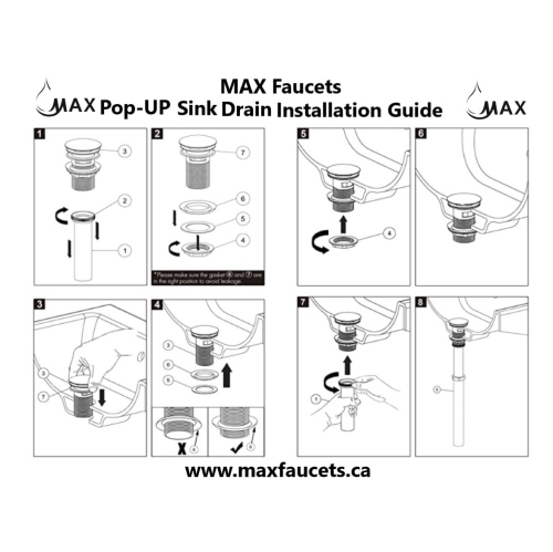 MAX Faucets Metal Push Pop-Up Sink Drain With Overflow White Finish