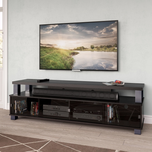 CorLiving Bromley 75'' Wide Ravenwood Black Wooden TV Stand with 4 Glass Doors, for TVs up to 95"