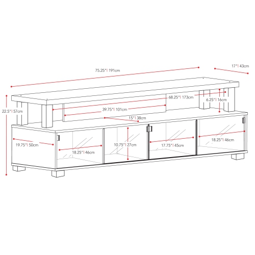 CorLiving Bromley 75'' Wide Ravenwood Black Wooden TV Stand with 4 Glass Doors, for TVs up to 95"