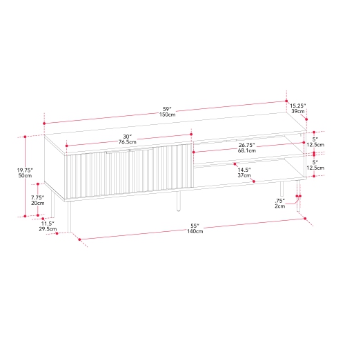 CorLiving Lysander 59'' Wide Black Fluted TV Stand with Two Doors and Shelves