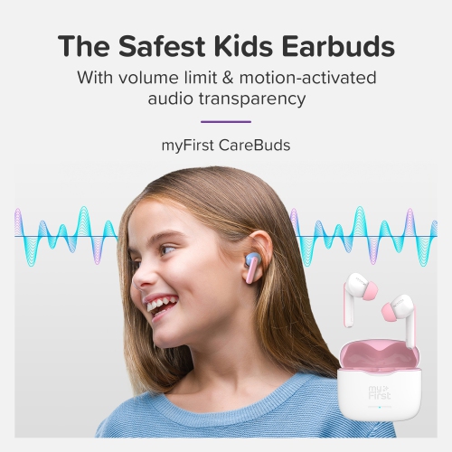 myFirst CareBuds – Wireless Bluetooth Earbuds for Kids, 85dB Limit, Anti-Lost Strap, Built-in Mic, Touch Control, Easy Pairing, Long Playtime, Safe