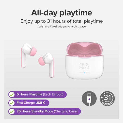 myFirst CareBuds – Wireless Bluetooth Earbuds for Kids, 85dB Limit, Anti-Lost Strap, Built-in Mic, Touch Control, Easy Pairing, Long Playtime, Safe