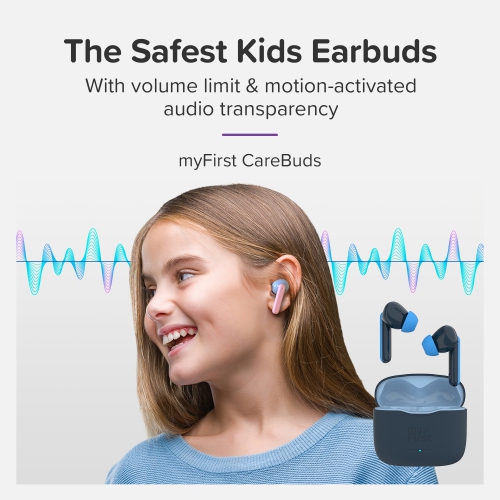 myFirst CareBuds – Wireless Bluetooth Earbuds for Kids, 85dB Limit, Anti-Lost Strap, Built-in Mic, Touch Control, Easy Pairing, Long Playtime, Safe