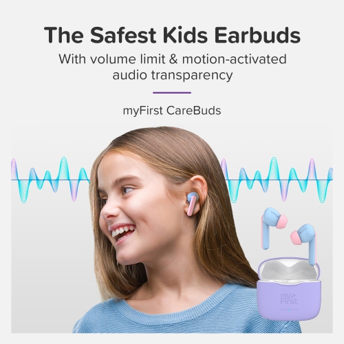 myFirst CareBuds – Wireless Bluetooth Earbuds for Kids, 85dB Limit, Anti-Lost Strap, Built-in Mic, Touch Control, Easy Pairing, Long Playtime, Safe