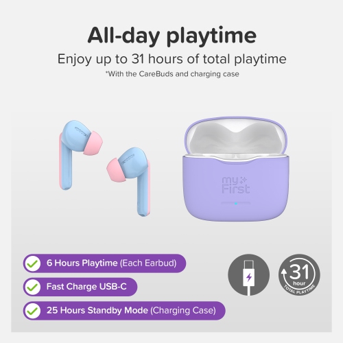 myFirst CareBuds – Wireless Bluetooth Earbuds for Kids, 85dB Limit, Anti-Lost Strap, Built-in Mic, Touch Control, Easy Pairing, Long Playtime, Safe