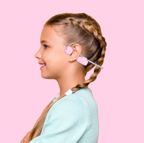 Écouteurs sans fil myFirst BC Lite - conduction osseuse rose, écouteurs boutons ouverts 100 % sans fil Bluetooth pour enfants - barbe à papa