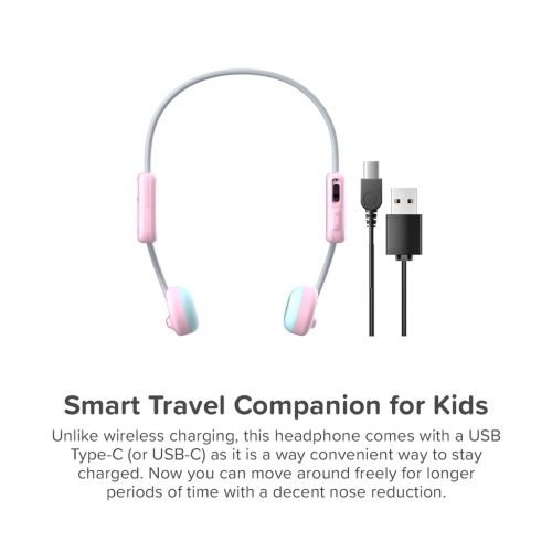 Écouteurs sans fil myFirst BC Lite - conduction osseuse rose, écouteurs boutons ouverts 100 % sans fil Bluetooth pour enfants - barbe à papa