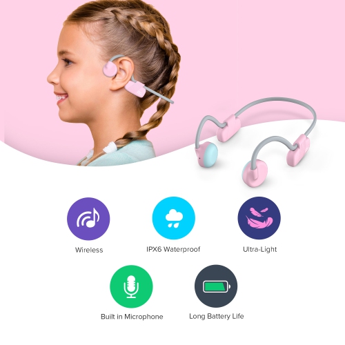 Écouteurs sans fil myFirst BC Lite - conduction osseuse rose, écouteurs boutons ouverts 100 % sans fil Bluetooth pour enfants - barbe à papa