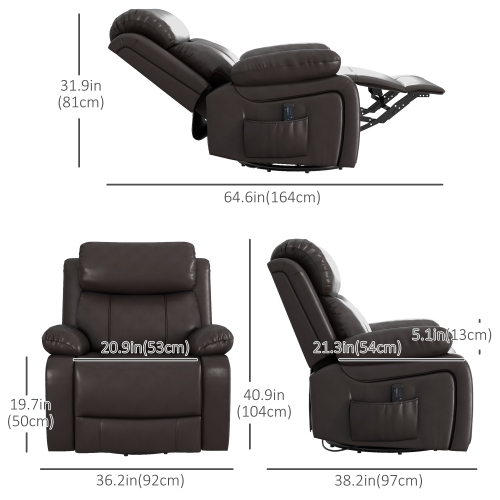 Fauteuil de massage inclinable de HOMCOM, fauteuil berçant pivotant pour salon, canapé inclinable manuel en cuir PU avec télécommande et pochettes