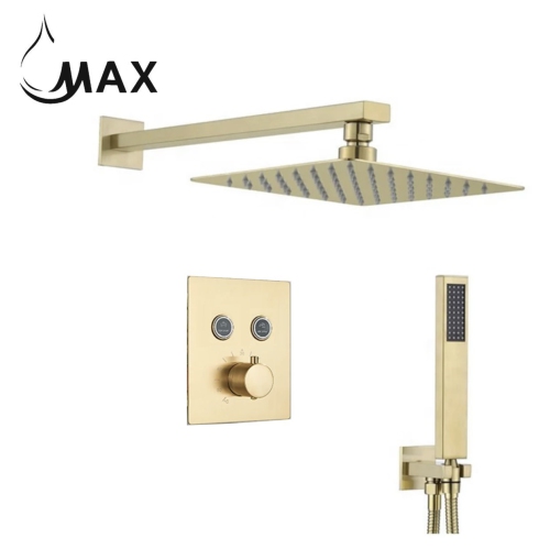 MAX Faucets Thermostatic Square Shower System Two Functions With Valve Brushed Gold Finish