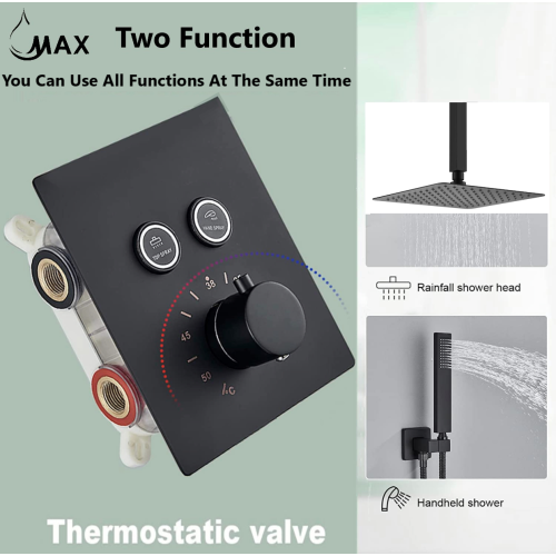 MAX Faucets Ceiling Thermostatic Shower System Two Functions With Valve Matte Black Finish