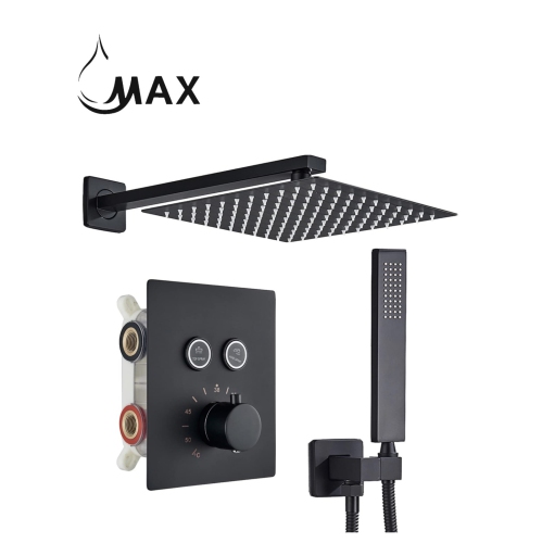 MAX Faucets Thermostatic Square Shower System Two Functions With Valve Matte Black Finish
