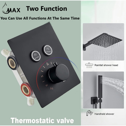 MAX Faucets Thermostatic Square Shower System Two Functions With Valve Matte Black Finish