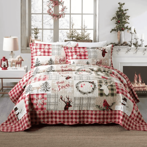 MarCielo Christmas Quilt Bedspread Set King Size - Holiday Bedding Gift for Kids Adults, 3 Pieces