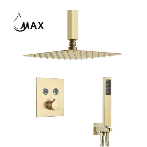 MAX Faucets Ceiling Thermostatic Shower System Two Functions With Valve Brushed Gold Finish