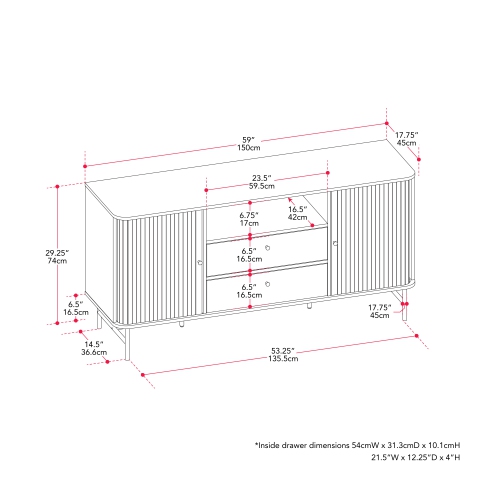 CorLiving Hikari Curved Sideboard Buffet TV Stand with drawers and steel legs
